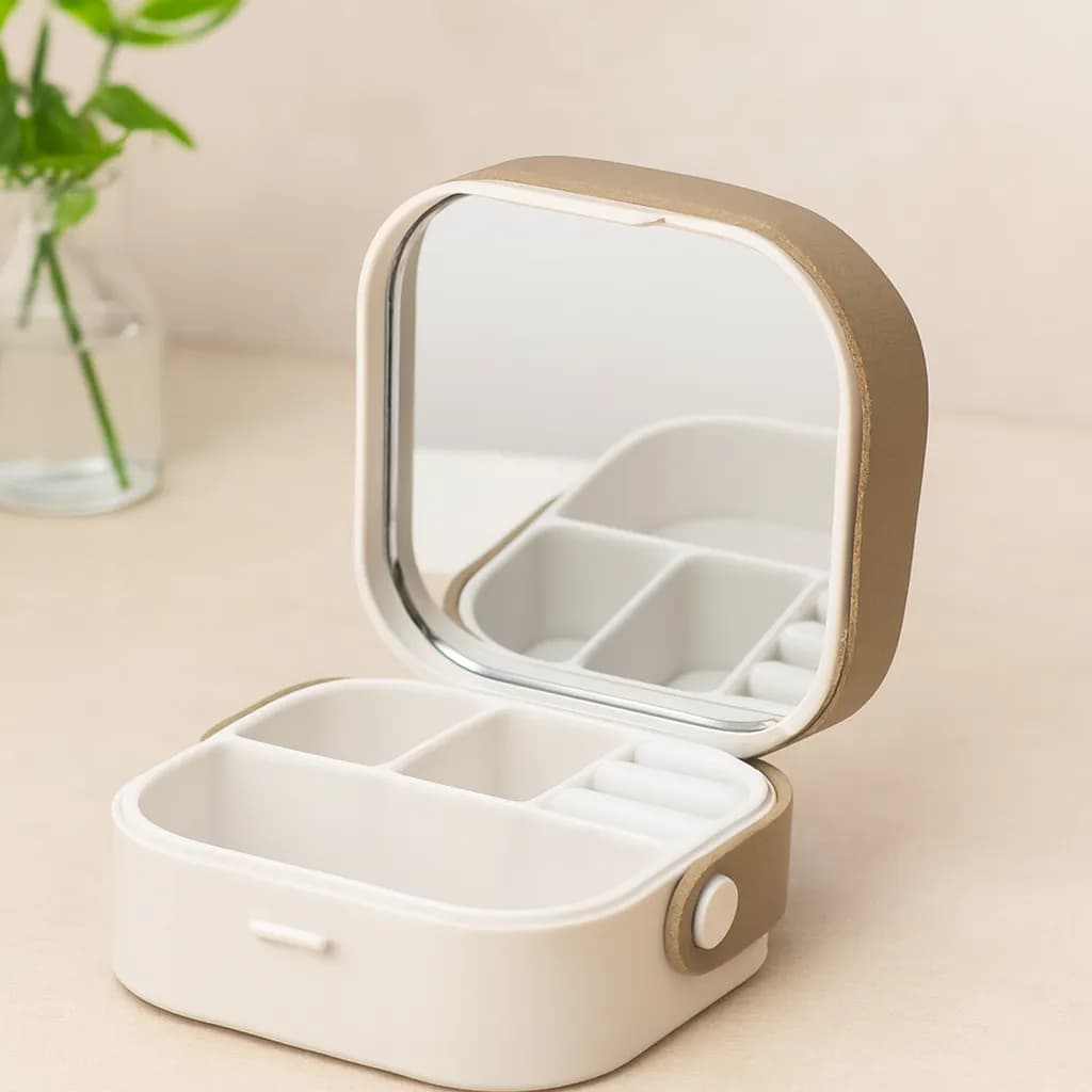 Aynalı Makyaj ve Takı Organizer Çanta 9 × 9 × 3,7 cm - 4 Bölmeli — fotoğraf 1