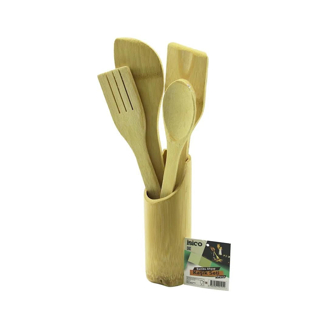 5PCS Ahşap Bambu Mutfak Seti Stand - Kaşık - Çatal - 2 Spatula Fileli — fotoğraf 1