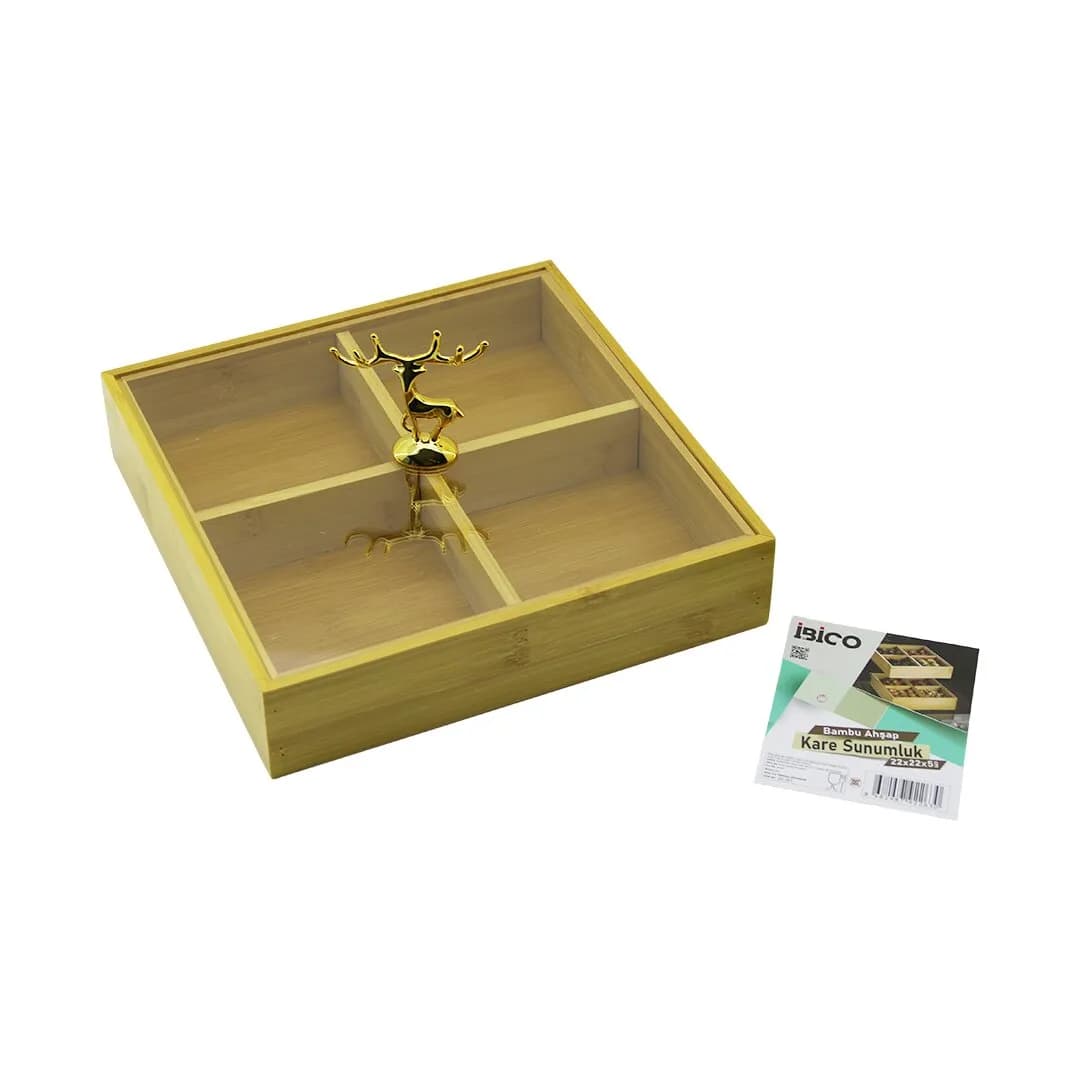 Kare 4 BÖLMELİ=2IN1=BÖLMESİZ Çok Amaçlı Kutu Ahşap Bambu Servis Sunum Tepsi - Tahtası 22 × 22 × 5 cm — fotoğraf 1