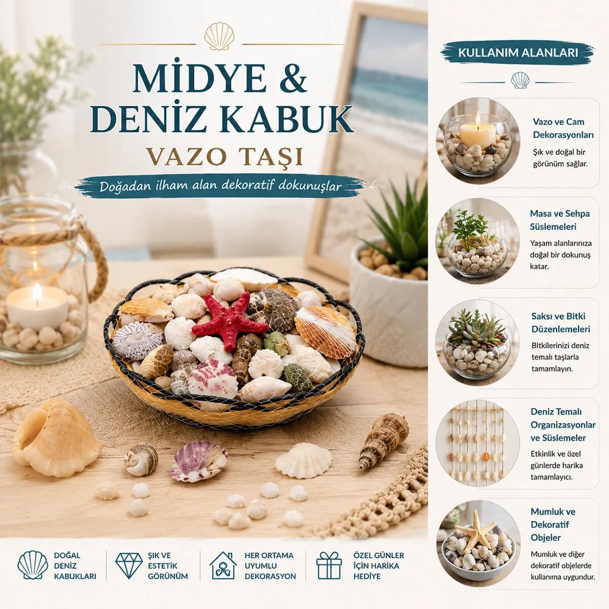 Ahşap Yuvarlak Sepet - Fileli Renkli Mix Midye - Deniz Kabuk Vazo Taşı — fotoğraf 1