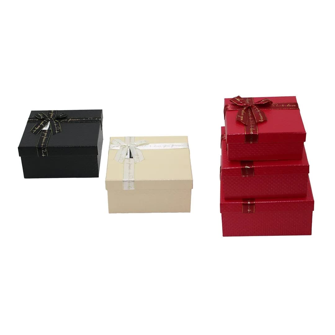 3PCS Kare Mat Mix Renkli - Kabartma Desen Karton Hediye Kutusu Kurdelalı 19-17-15 cm — fotoğraf 1