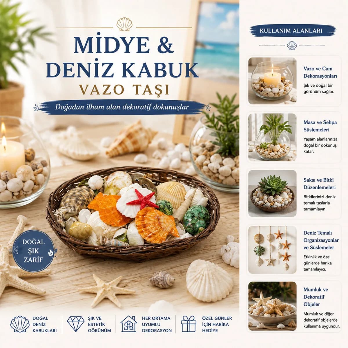 Oval Ahşap Sepet Renkli Mix Midye - Deniz Kabuk Vazo Taşı — fotoğraf 1