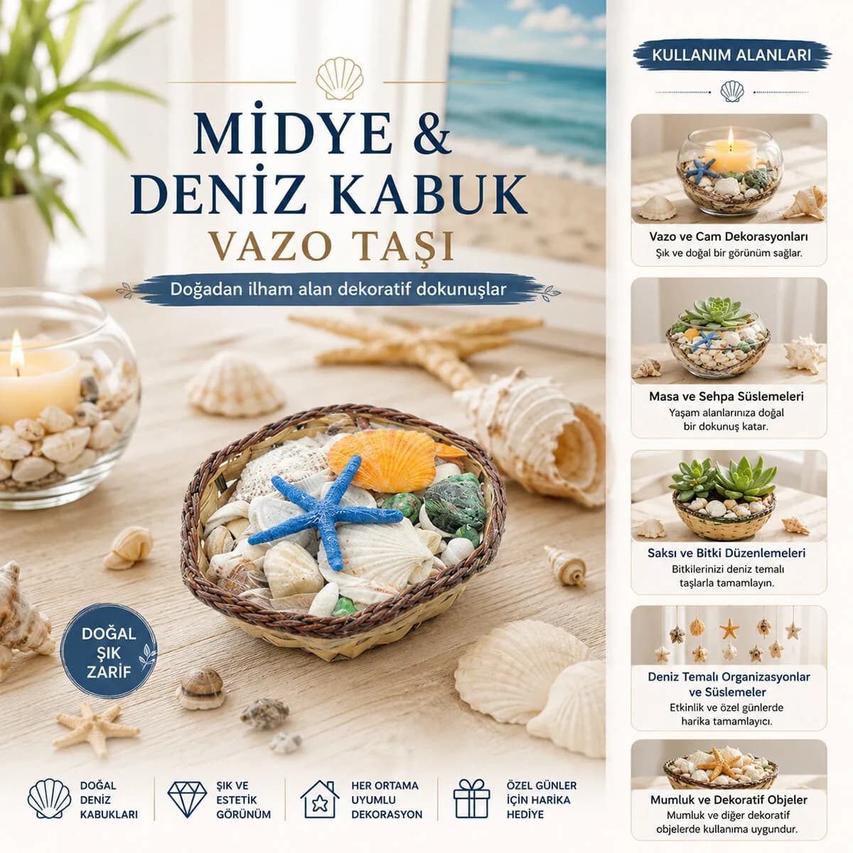 Küçük - Kare - Ahşap Sepetli Renkli Mix Midye - Deniz Kabuk Vazo Taşı — fotoğraf 1