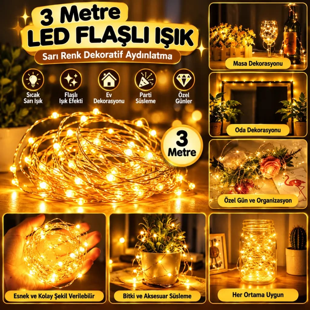 Sarı Peri LED Flaşlı Işık – 3 Metre Dekoratif Oda ve Organizasyon Aydınlatması — fotoğraf 1