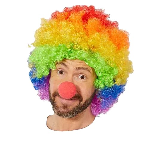 Rengarenk Gökkuşağı Afro Bonus Peruk ve Kırmızı Renk Sünger Burun 120 gr — fotoğraf 1
