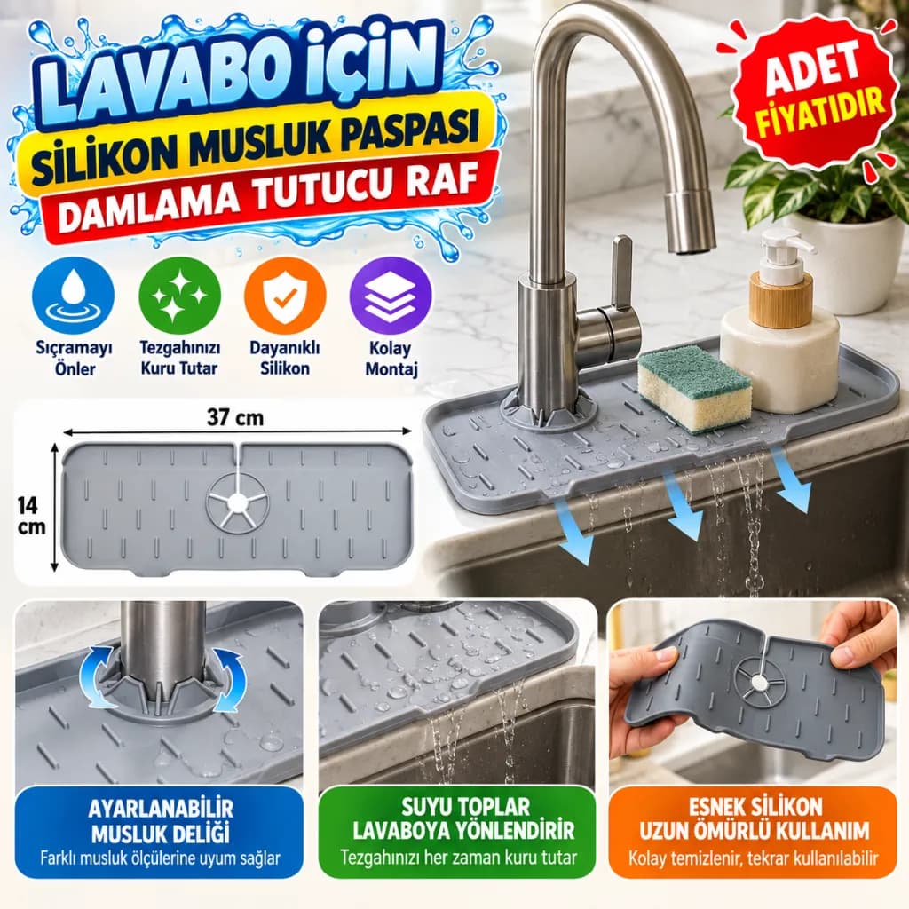 Lavabo İçin Silikon Esnek Mat Musluk Sapı Damlama Tutucu Raf Mutfak Tezgahı Sıçrama Koruma — fotoğraf 1