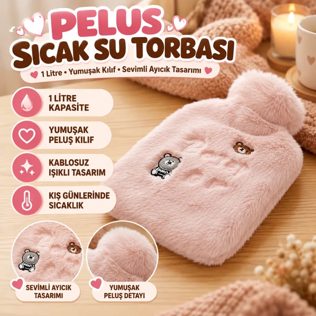 Ayıcıklı Figürlü Işıklı Pembe Peluş Kılıflı Sıcak Su Torbası 1 Litre — fotoğraf 1