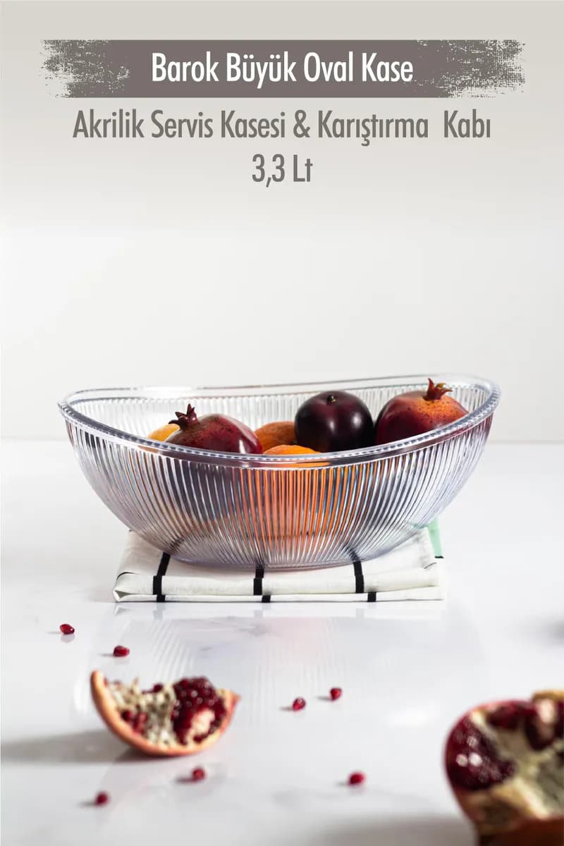 Akrilik Barok Şeffaf Büyük Oval Meyve & Salata Kasesi & Karıştırma Kabı / 3,3 Lt (CAM DEĞİLDİR) — fotoğraf 1