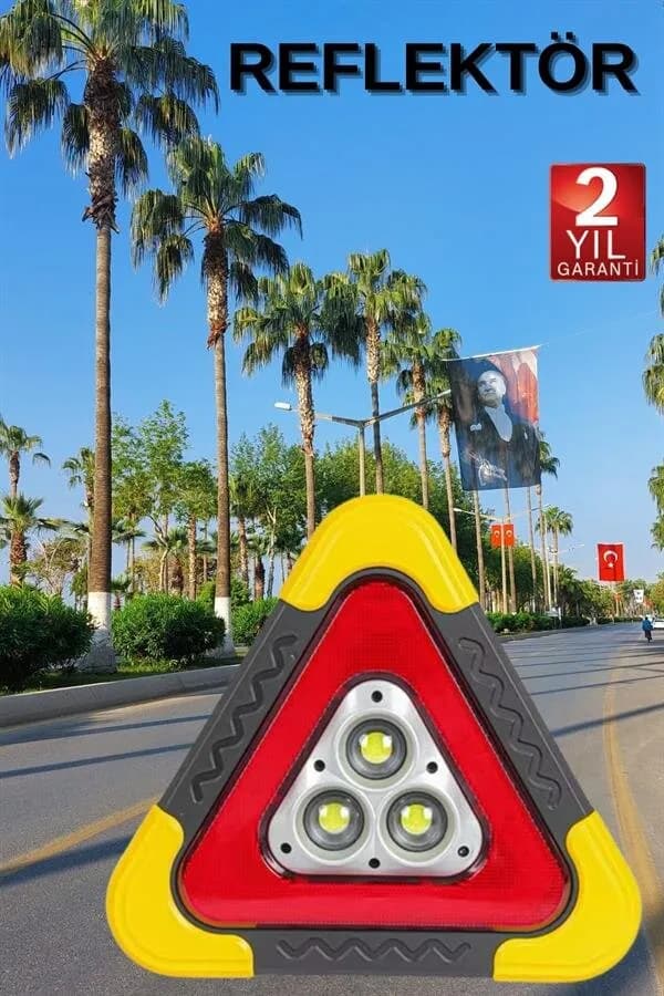 Reflektör Güneş Panelli Solarlı Şarjlı Üçgen Işıklı Trafik Reflektör Fener — fotoğraf 1