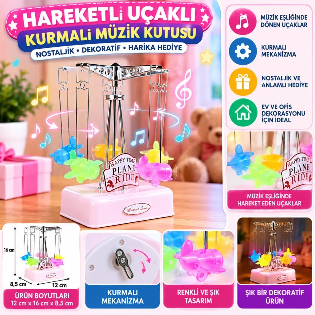 Hareketli Uçaklı Kurmalı Hediyelik Küçük Müzik Kutusu Aleti — fotoğraf 1