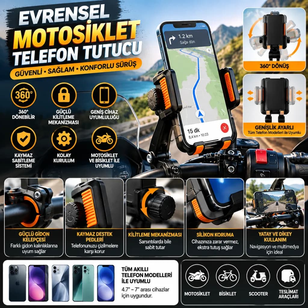 Kilitlenebilir 360 Derece Ayarlanabilir Gidon Bağlantılı Motosiklet Telefon Tutucu — fotoğraf 1