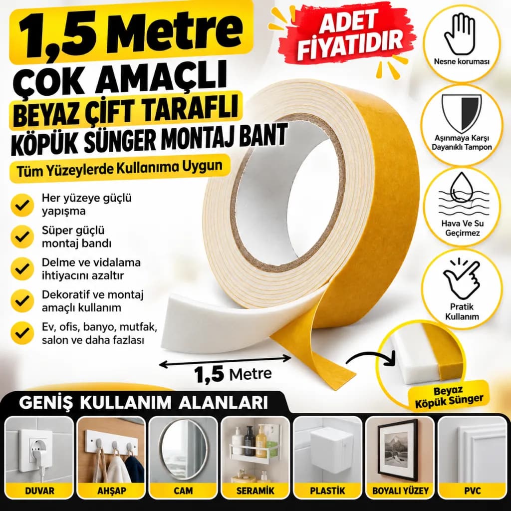 Beyaz Çift Taraflı Köpük Sünger Montaj Bandı — fotoğraf 1