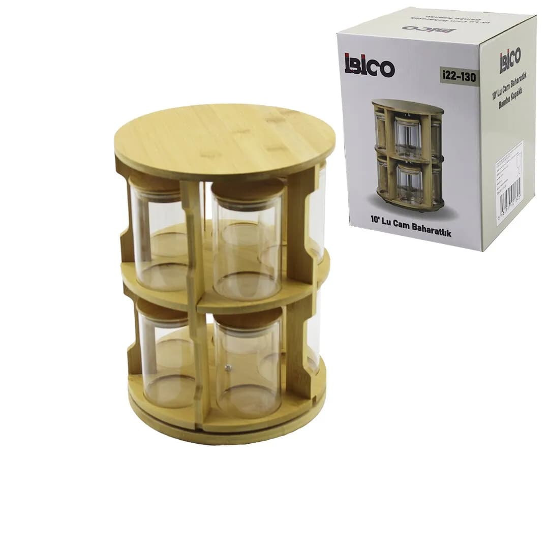 10 Pcs Yuvarlak - Döner Standlı Cam - Bambu Kapak Tuzluk - Baharatlık Bambu Stand — fotoğraf 1