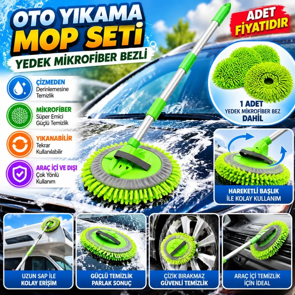 Yedek Mikrofiber Bezli Oto Yıkama Mop Seti — fotoğraf 1