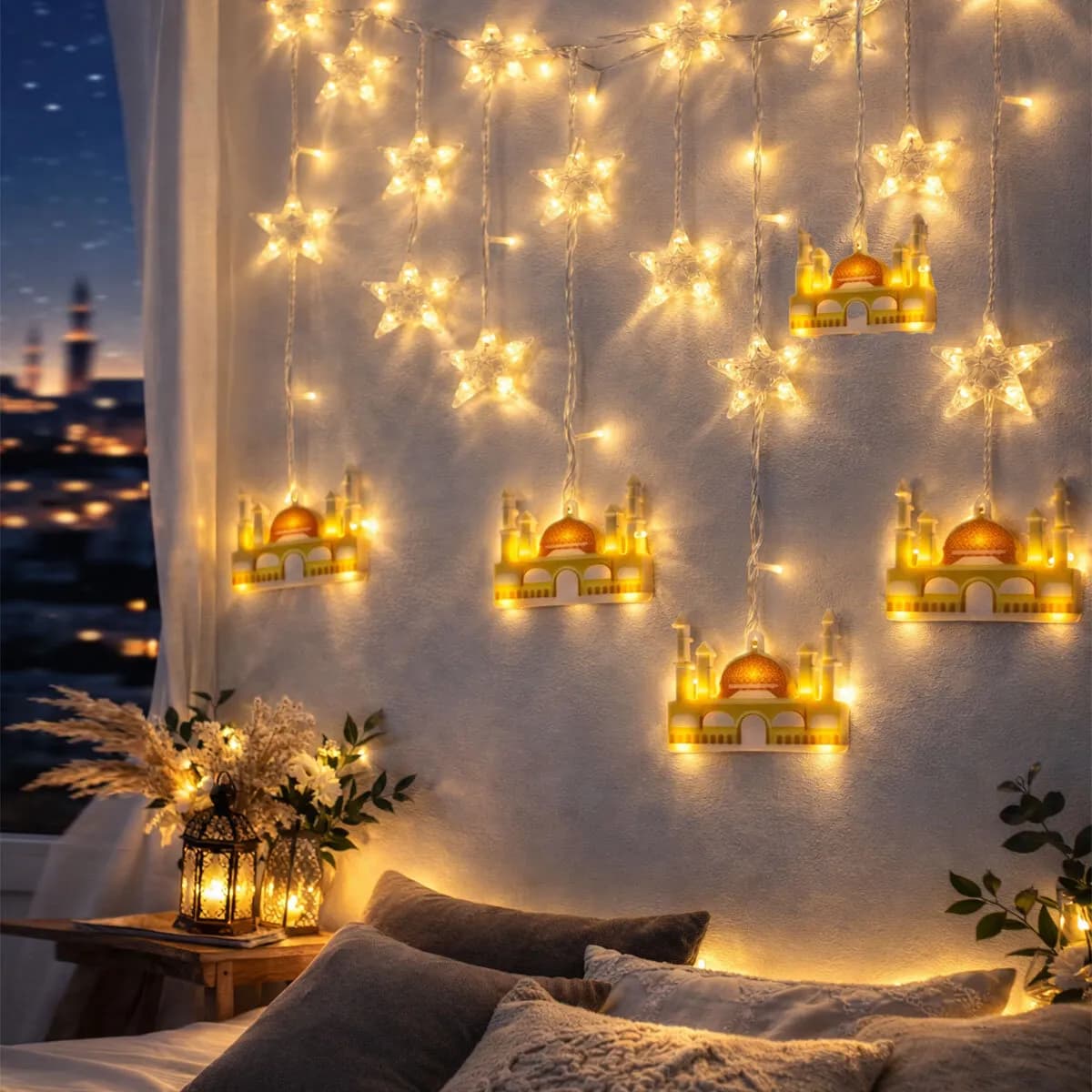 3MT Fişli - Eklemeli Ramazan Dekor Lamba - Perde Led Sarı Cami - Yıldız EKL-09-03 — fotoğraf 1