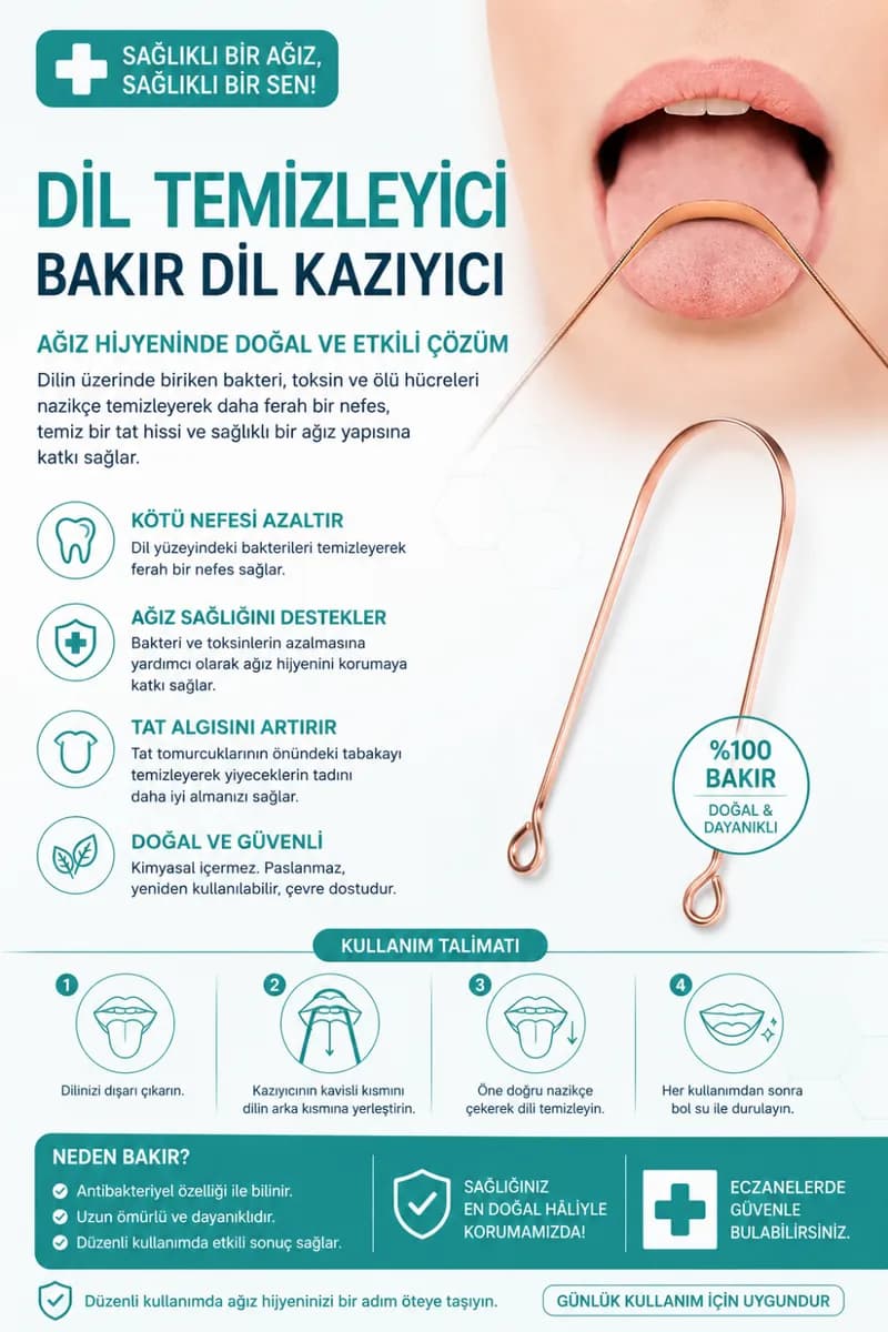 Bakır Dil Temizleme Aparatı – Dil Temizleyici – Ağız Bakım Aparatı – Dil Kazıyıcı – Metal Dil Temizleme Ekipmanı — fotoğraf 1
