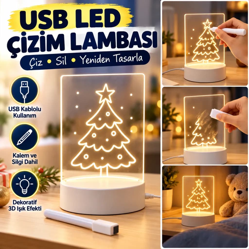USB Kablolu Işıklı Kendiliğinden Beyaz Kalemli-Silgili Kreatif 3 Boyutlu Görselleştirme LED Lambası — fotoğraf 1