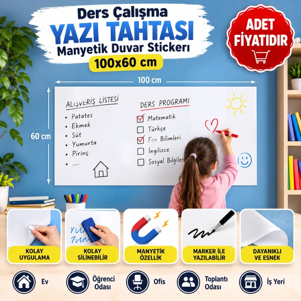 Ders Çalışma Yazı Tahtası Manyetik Duvar Stickerı 100x60 cm — fotoğraf 1