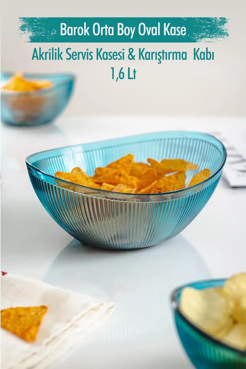 Akrilik Barok Aquamarin Orta Boy Oval Meyve & Salata Kasesi & Karıştırma Kabı / 1,6 Lt (CAM DEĞİLDİR) — fotoğraf 1