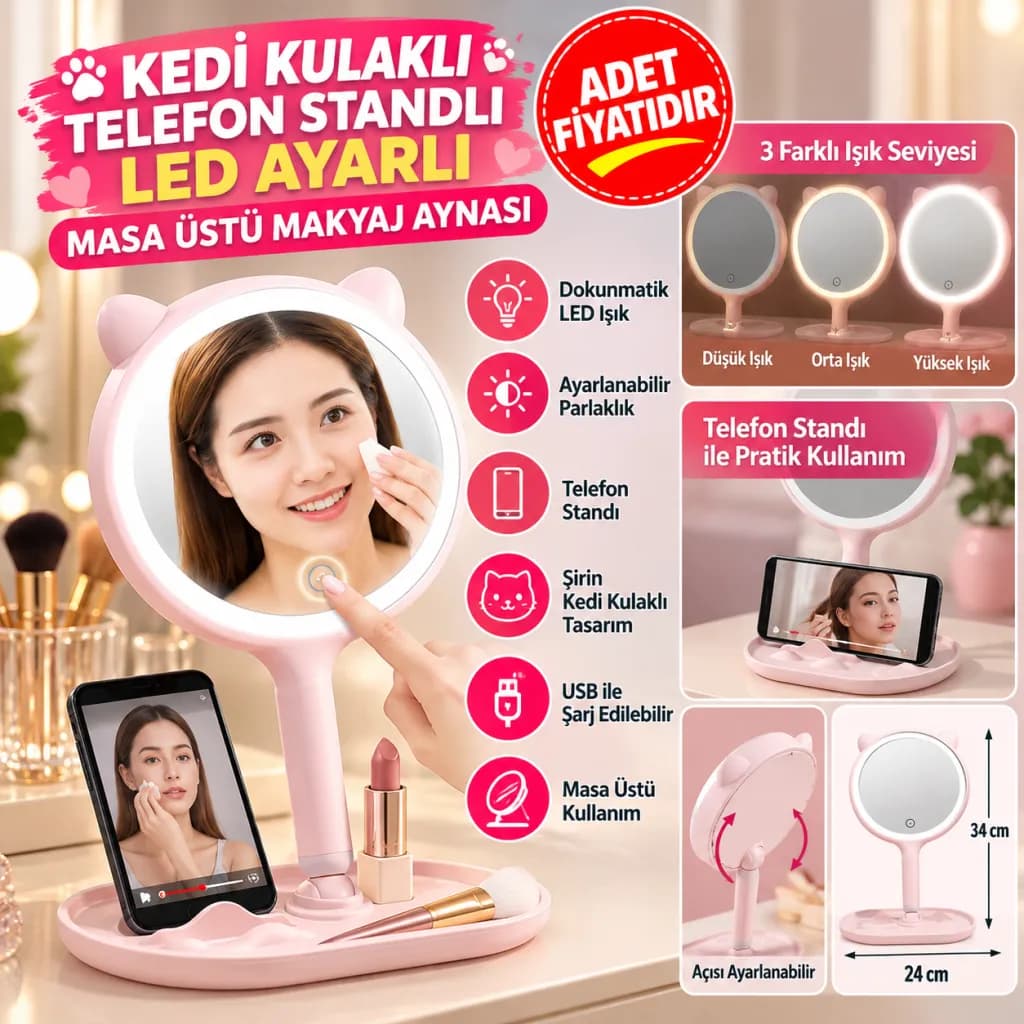Kedi Kulaklı Telefon Standlı Yuvarlak Dokunmatik Led Ayarlı Masa Üstü Makyaj Aynası — fotoğraf 1