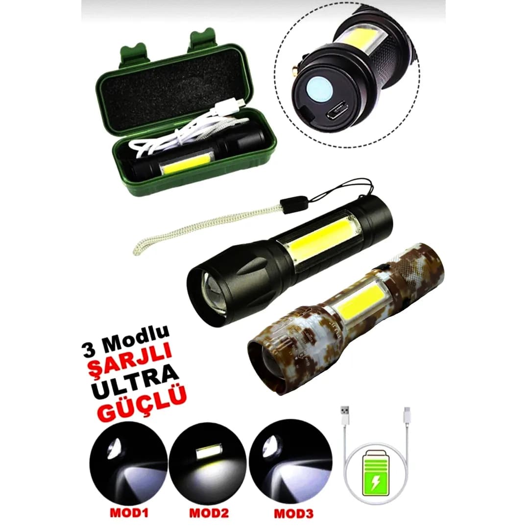 Usb Charge 2İN13W+1W Usb Şarjlı Ledli El Feneri Metal Kasa Pls.kutu — fotoğraf 1