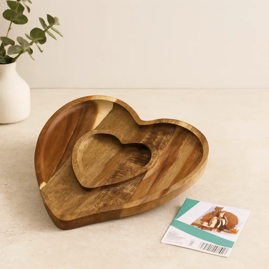 Ahşap Bambu Servis Tepsisi 2 Bölmeli Kalp Model 20x19.5x1.5 cm — fotoğraf 1