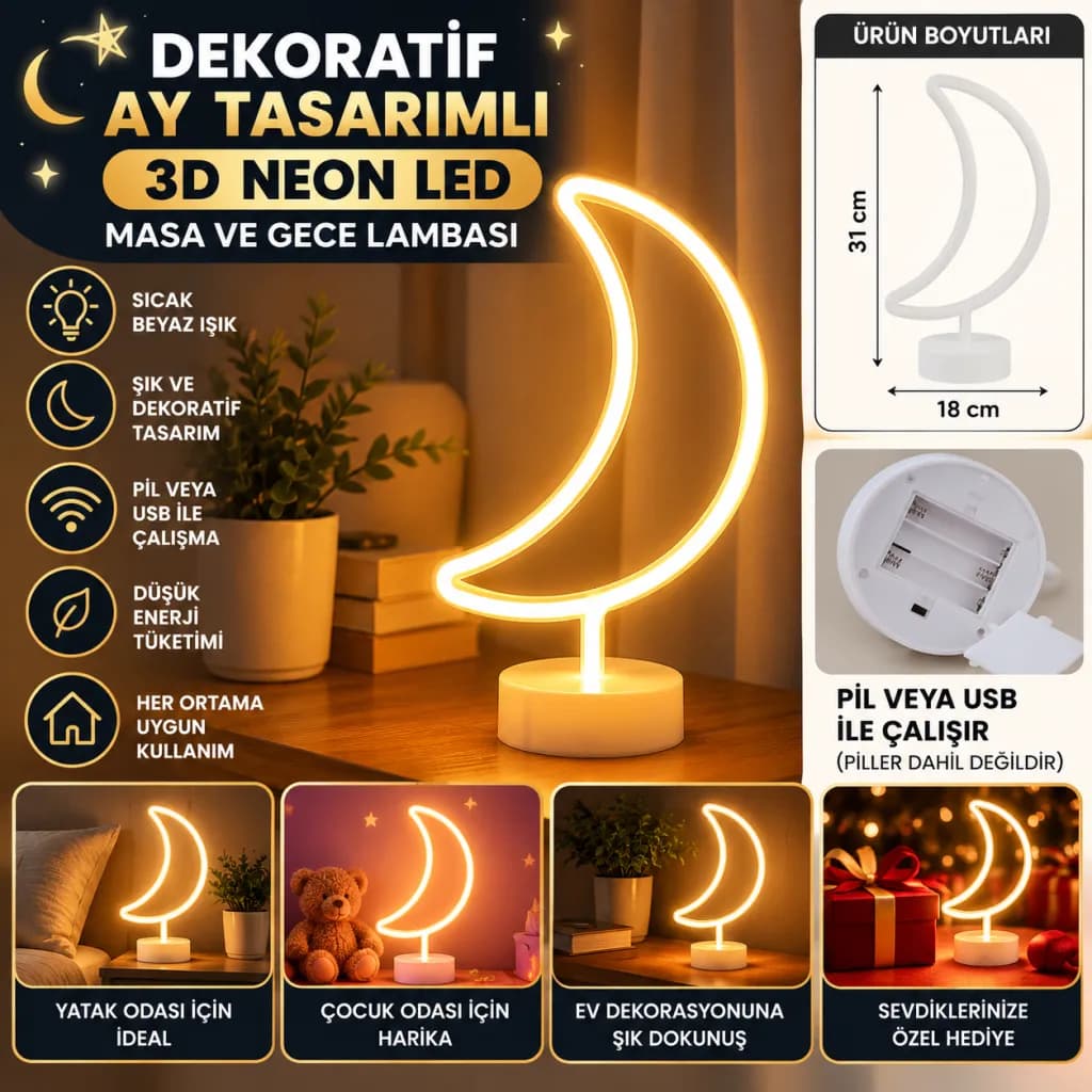 Dekoratif Pilli Ay Tasarımlı 3 Boyutlu Neon Led Masa Ve Gece Lambası — fotoğraf 1