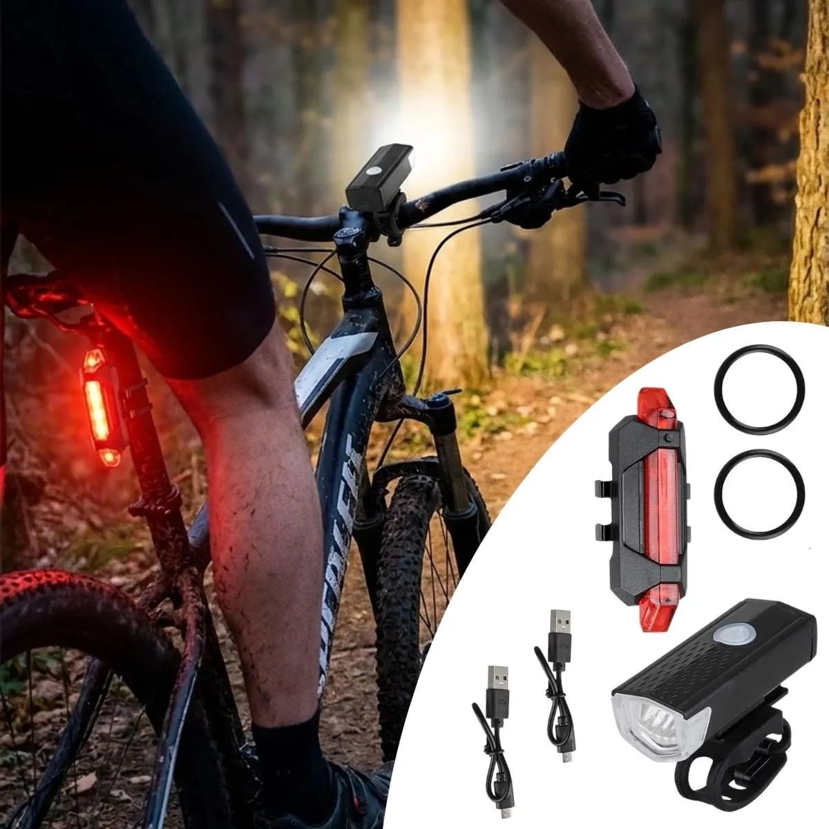 Bisiklet Işık Seti – USB Şarjlı LED Ön Far + Arka Stop Lambası, Bisiklet Aydınlatma Seti — fotoğraf 1