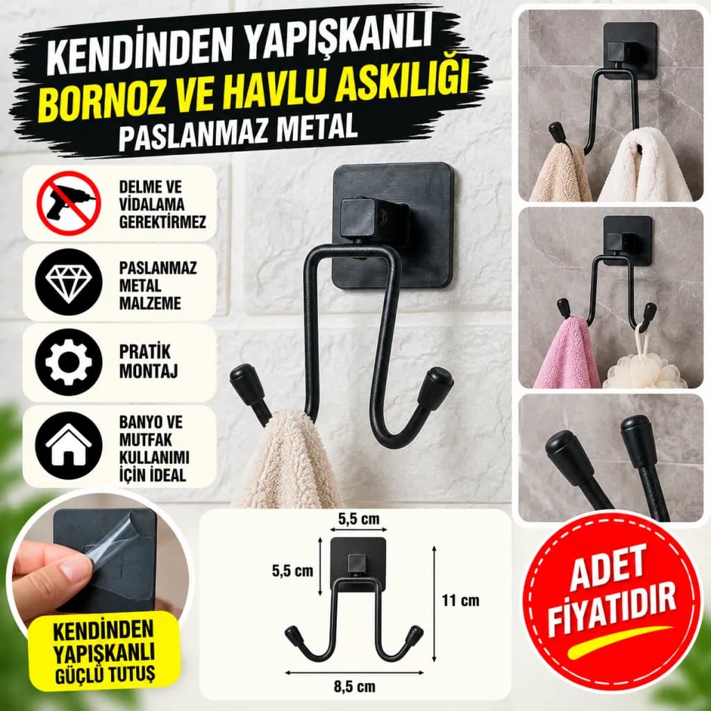 Kendiliğinden Yapışkanlı Siyah Paslanmaz Metal Bornoz ve Havlu Askılığı — fotoğraf 1