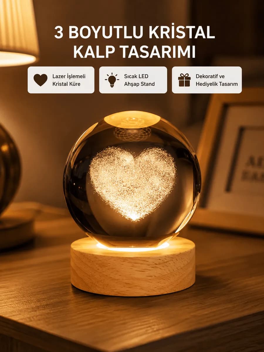 Romantik Kalpli Kristal Cam Küre USB’li Işıklı Dekoratif Obje — fotoğraf 1