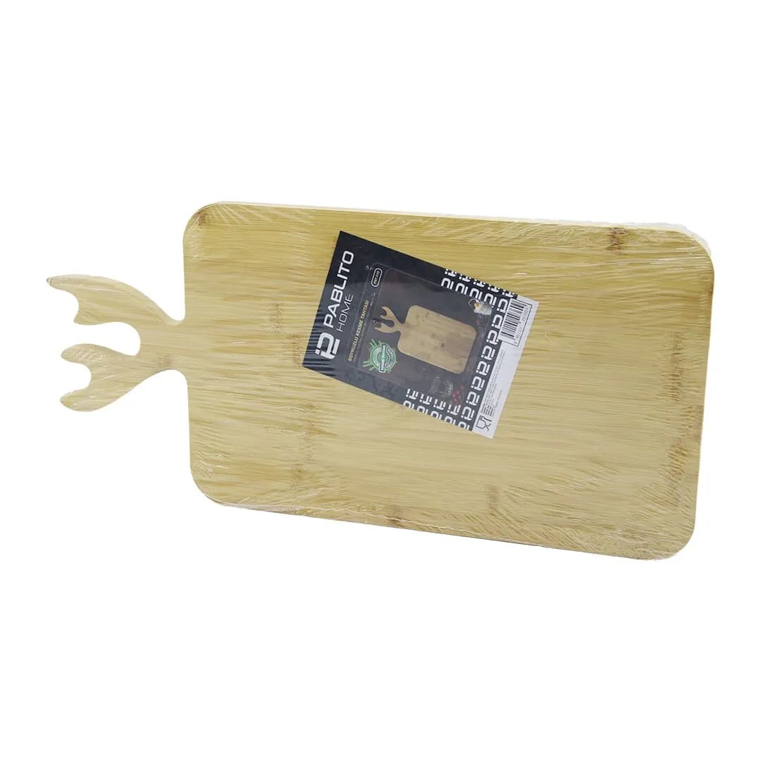Dikdörtgen Ahşap Bambu Kesim Panosu - Kesme Tahtası Geyik Boynuz Figür Saplı 22X36CM — fotoğraf 1