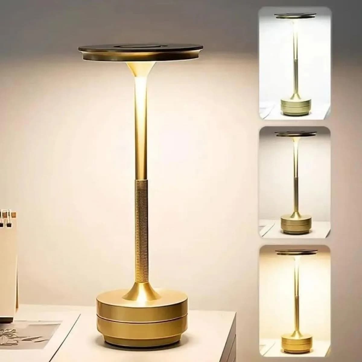 Eskitme Gold Kasa Dokunmatik Şarjlı Masa Lambası – 3 Renk Işık Modlu, LED Aydınlatmalı, Modern & Dekoratif Abajur — fotoğraf 1