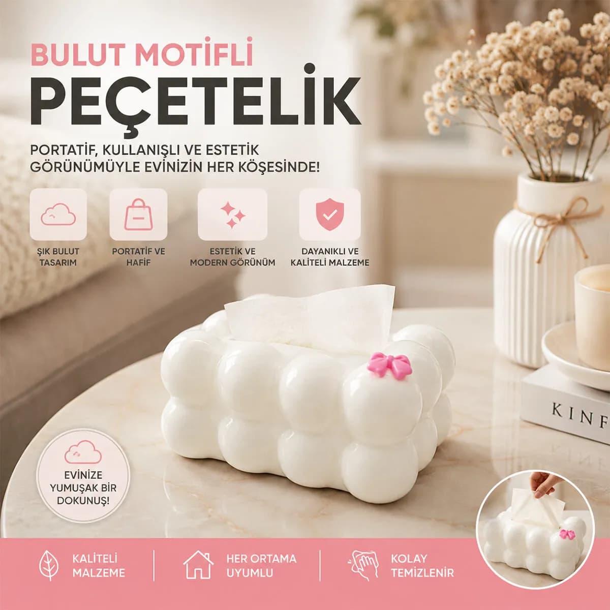 19X12.5X8.5CM Beyaz Yaylı Masaüstü Bubble Dekoratif Bulut Peçetelik — fotoğraf 1