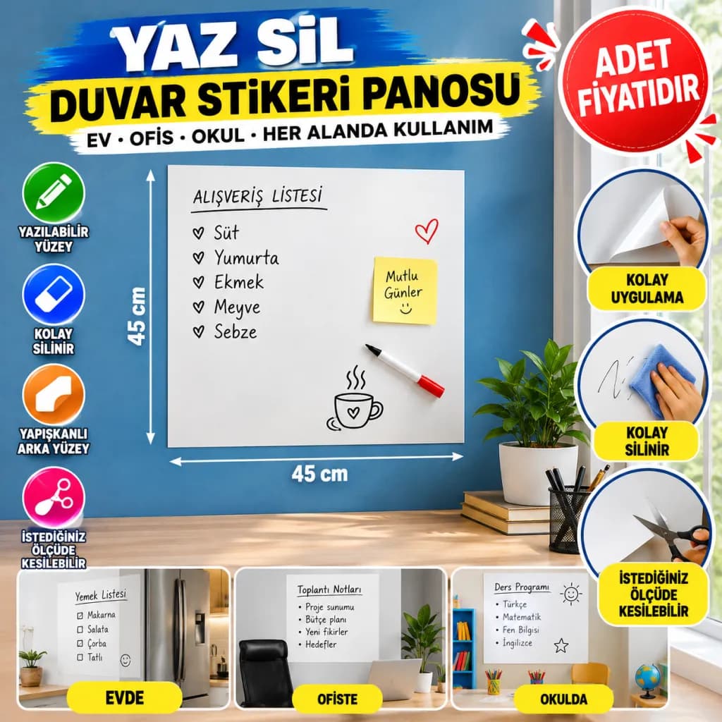 Ders Çalışma Yazı Tahtası Manyetik Mıknatıslı Duvar Stickerı — fotoğraf 1