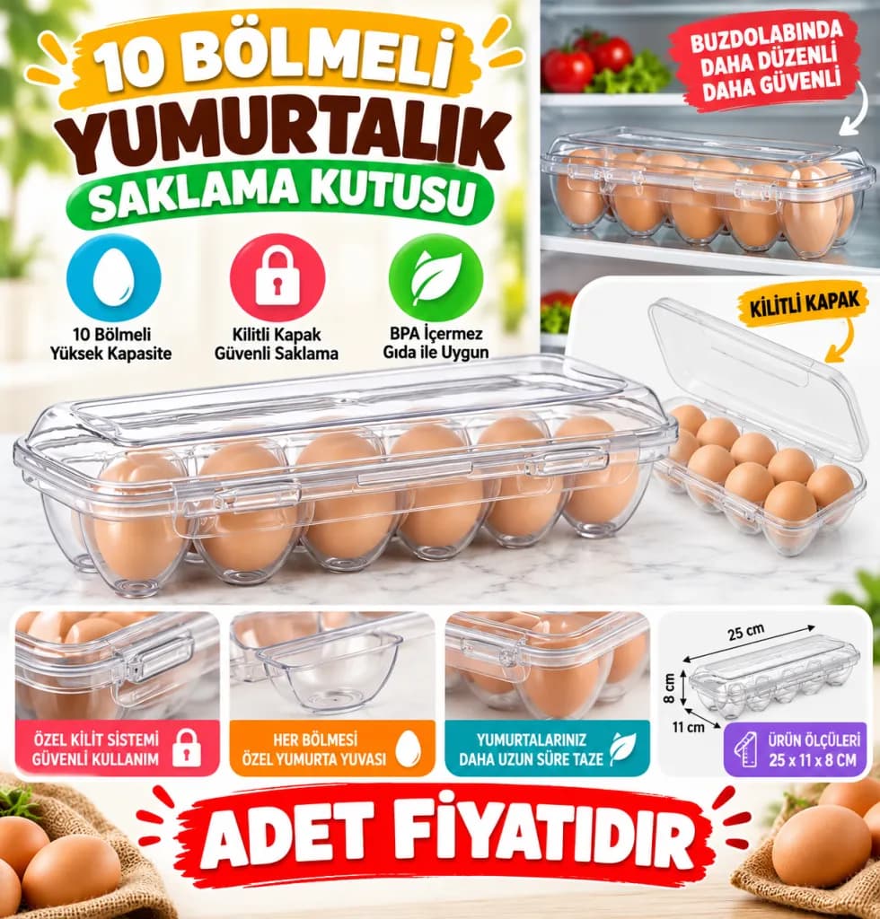 10 Bölmeli Kilitli Kapaklı Yumurtalık Saklama Kutusu YU110 — fotoğraf 1