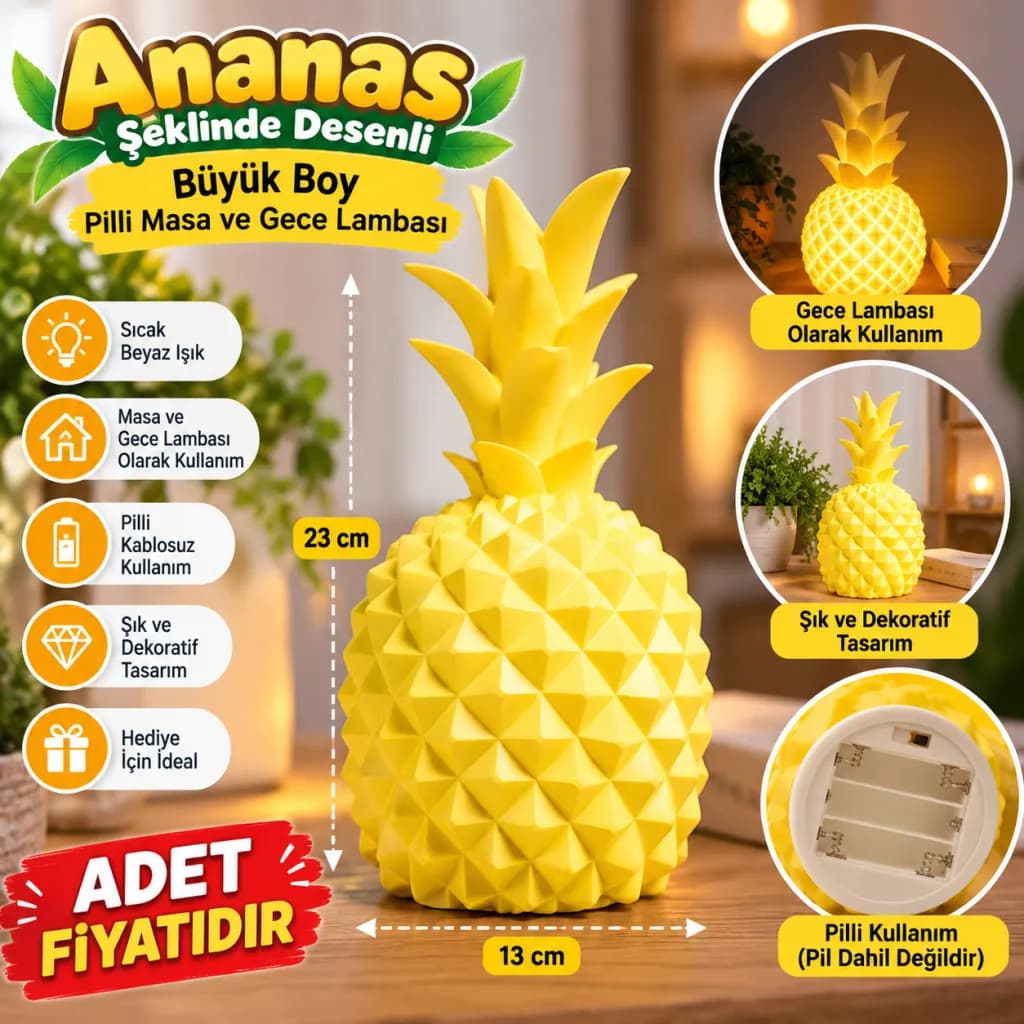 Ananas Şeklinde Desenli Büyük Boy Pilli Masa ve Gece Lambası — fotoğraf 1