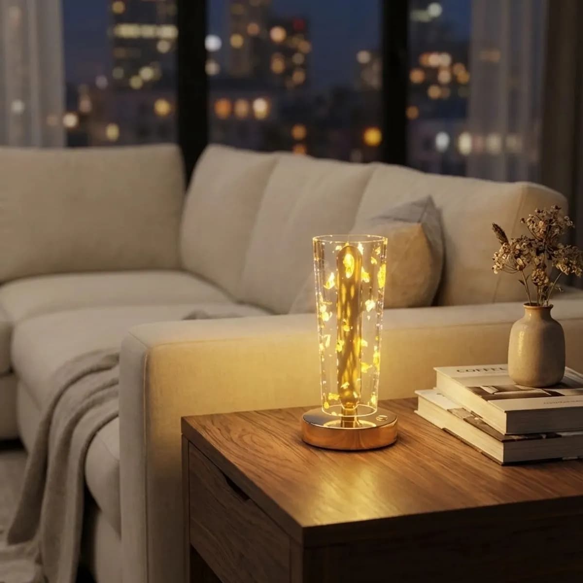 Silindirik Kristal Altın Toz Model LED Masa Lambası – Gold Tabanlı, Dokunmatik, 3 Renk Işık Modlu, Şarjlı Modern Dekoratif Gece Lambası — fotoğraf 1