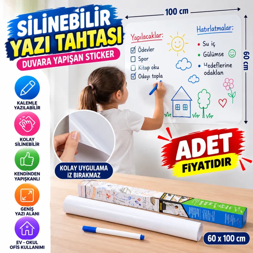 Silinebilir Kalemli Sticker Duvara Yapışabilen Yazı Tahtası 60x100 cm — fotoğraf 1