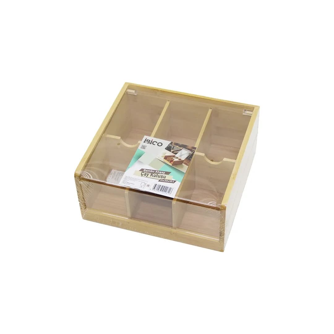 Ahşap Bambu 6 Bölmeli Poşet Çay Kutusu Mika Plastik Kapak 21X20X10CM — fotoğraf 1