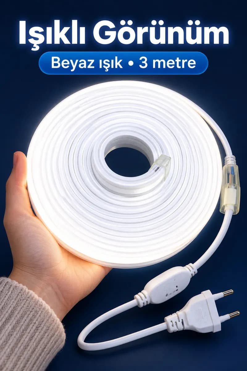 Beyaz Işıklı Şerit Aydınlatma 3 Metre Fişli Model — fotoğraf 1