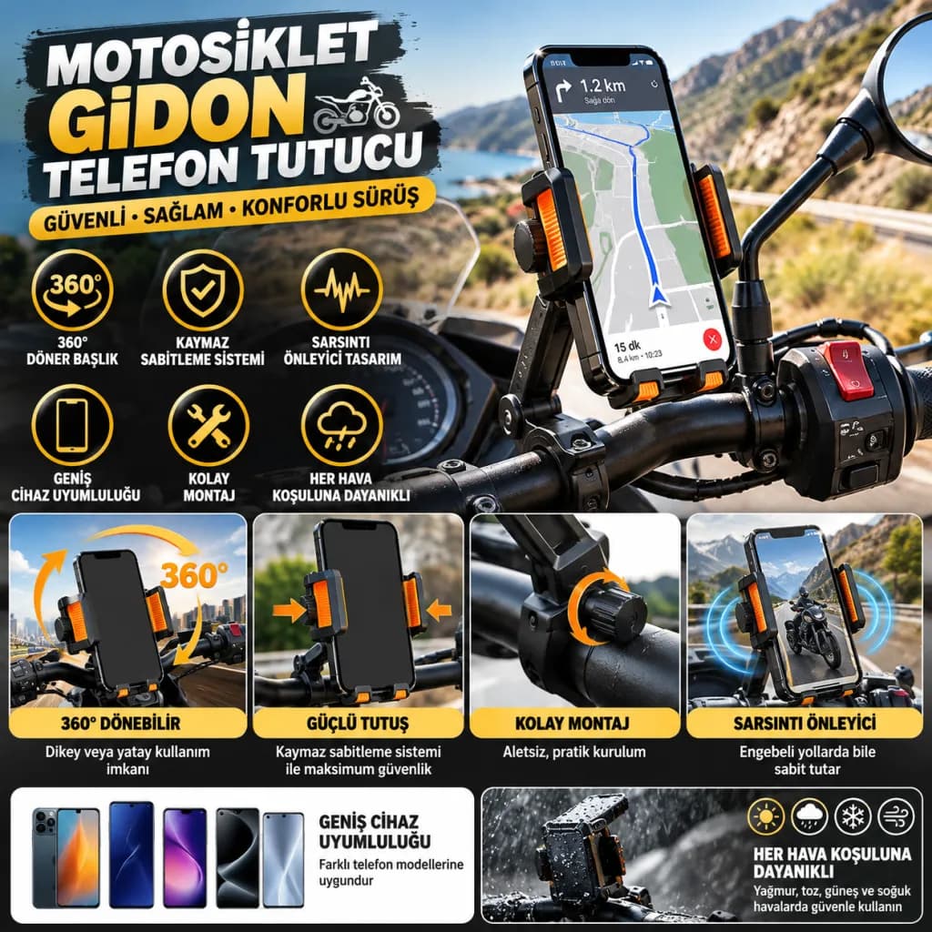 360 Derece Dönen Gidon Bağlantılı Motosiklet Telefon Tutucu — fotoğraf 1
