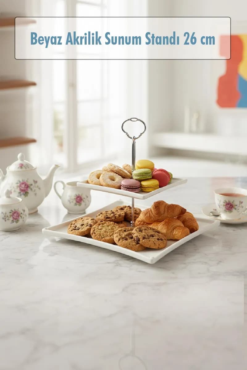 2 Katlı Beyaz Akrilik Meyvelik & Kurabiyelik & Sunum Standı - 26 cm — fotoğraf 1