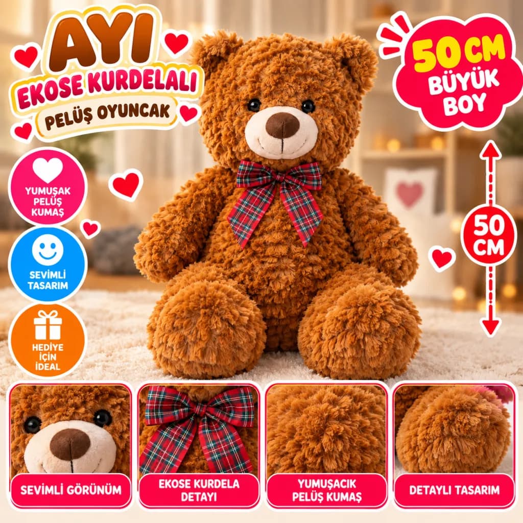 PL50243 50 Cm Ayı Ekose Kurdelalı Peluş Oyuncak — fotoğraf 1