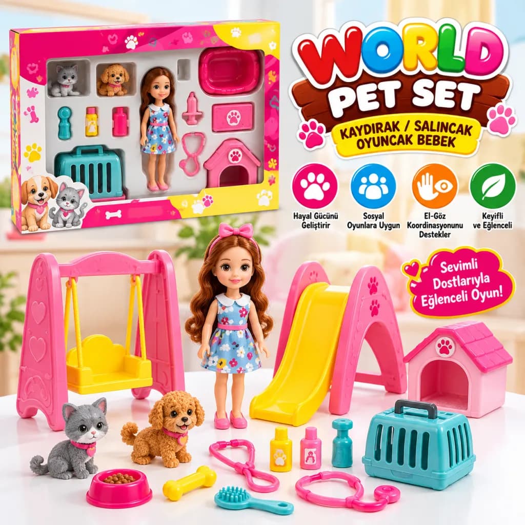 ENF-39188 World Pet Set Kaydırak/salıncak Oyuncak Bebek — fotoğraf 1