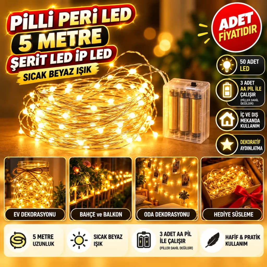 Peri Led Işık 5 Metre (Sarı) Pilli Aydınlatma Şerit Saçak Spot Süsleme — fotoğraf 1