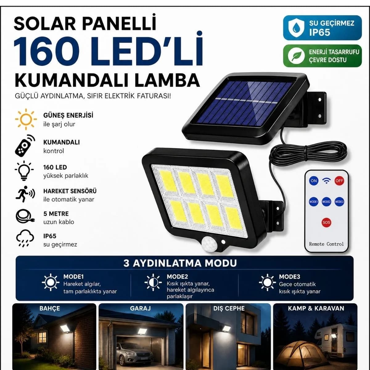160 LED Solar Bahçe Aydınlatması, Güneş Panelli LED Lamba, 5 Metre Kablolu ve Kumandalı — fotoğraf 1