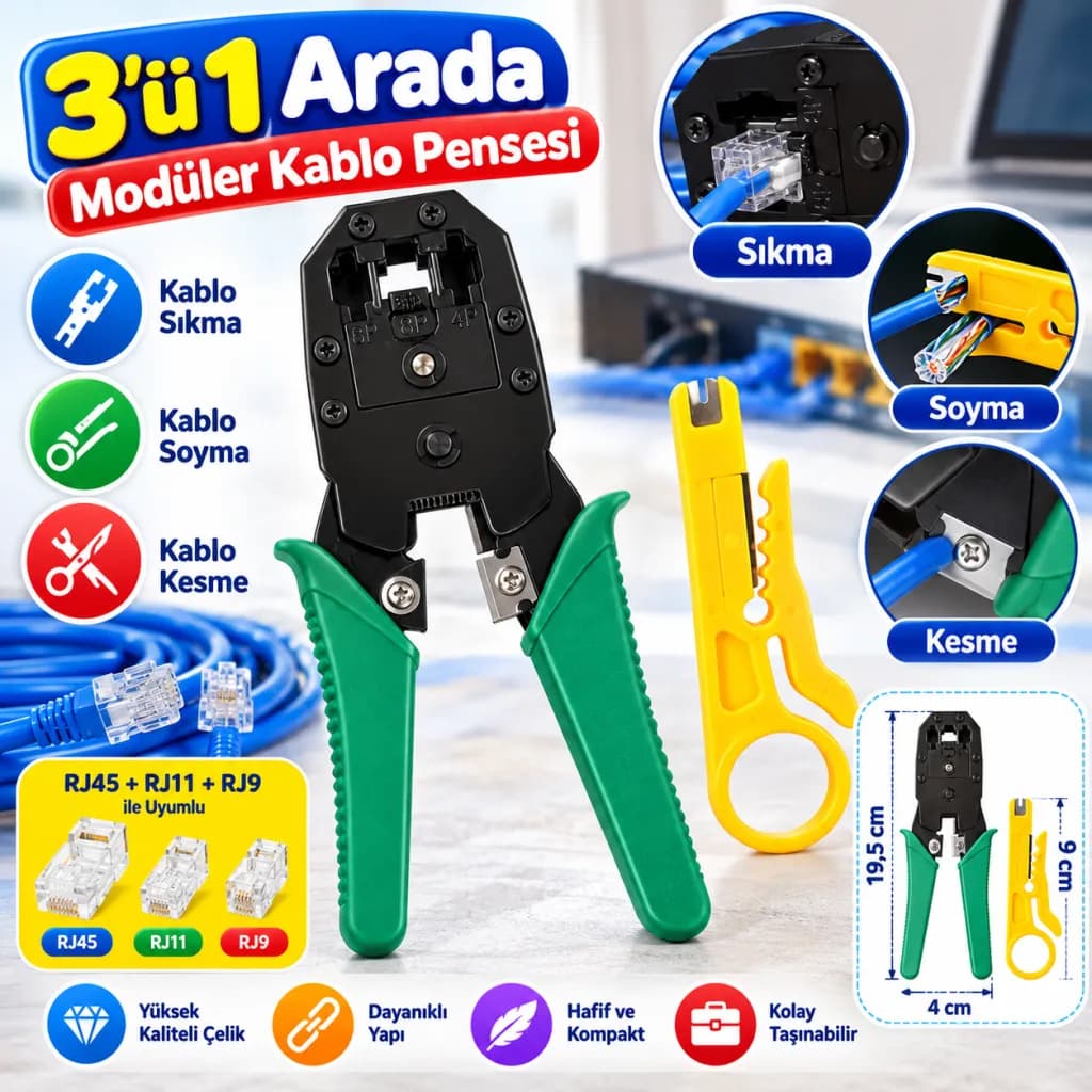 3ü 1 Arada Modüler Kablo Sıkma,Soyma ve Kesme Pensesi — fotoğraf 1