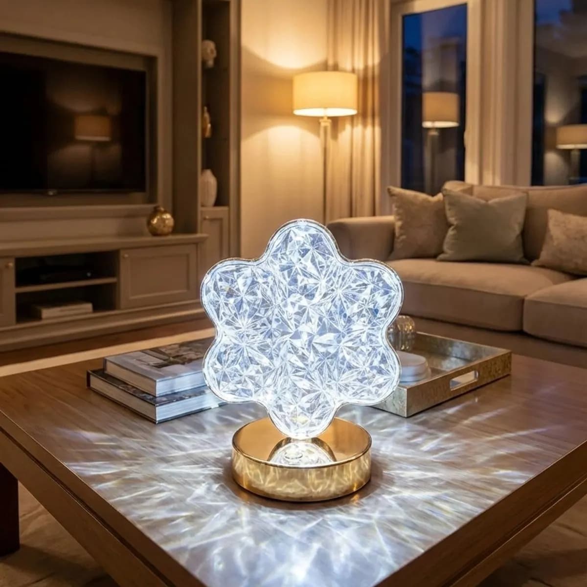 Çiçek Model Kristal LED Masa Lambası – Dokunmatik, 3 Renk Işık Modlu, Şarjlı Mini Dekoratif Gece Lambası — fotoğraf 1