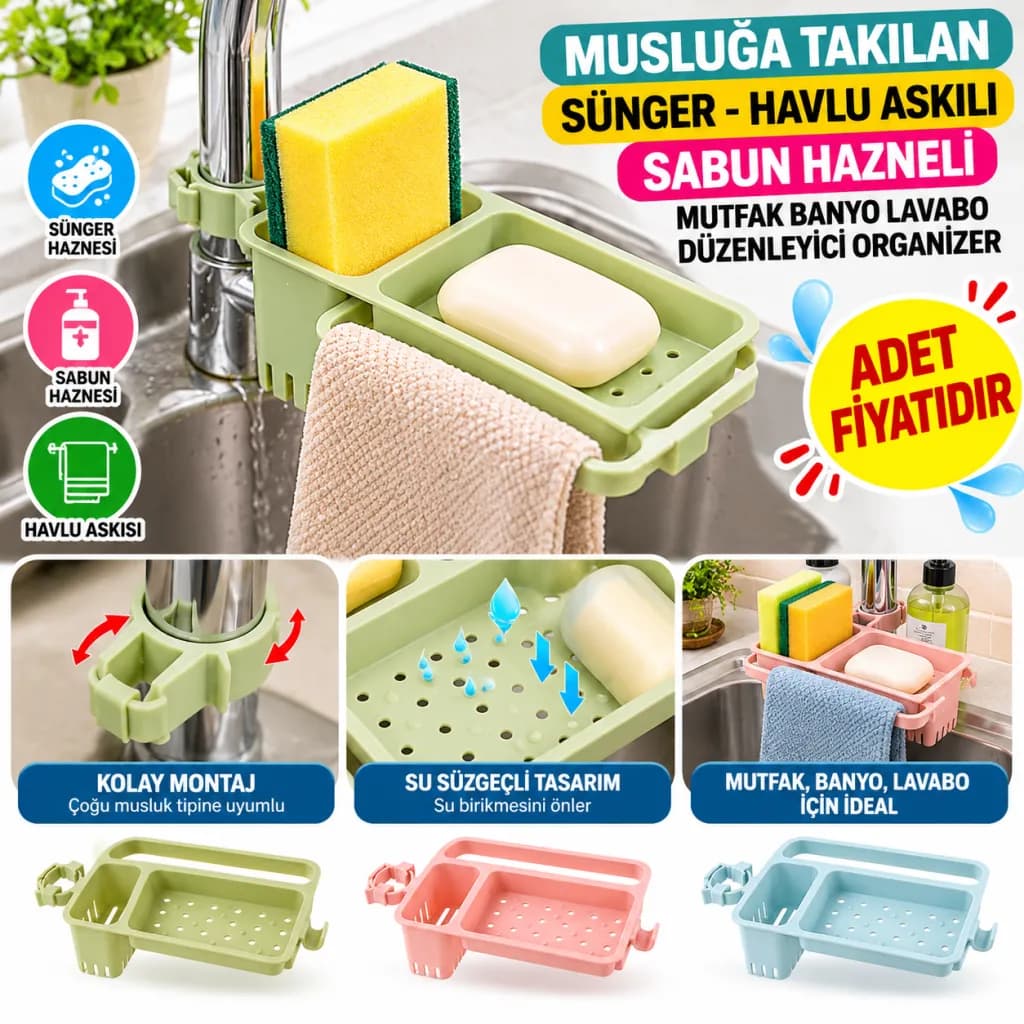 Musluğa Takılan Sünger Havlu Askılı Sabun Hazneli mutfak Banyo Lavabo Düzenleyici Organizer — fotoğraf 1