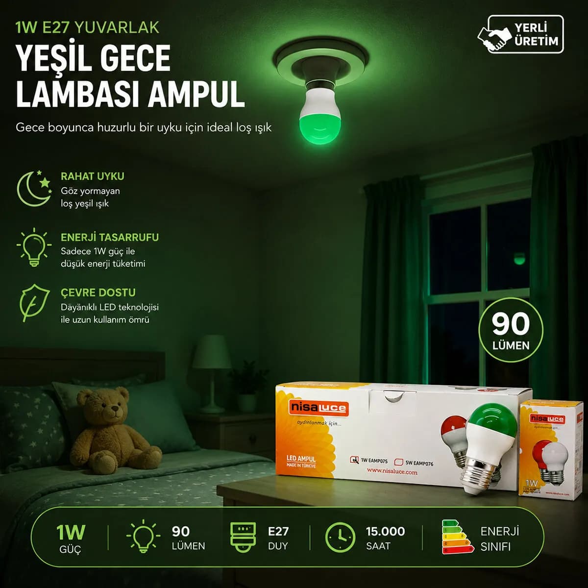 10 ADET 1W E27 YEŞiL YUVARLAK GECE LAMBASI LED AMPUL EAMP-075 — fotoğraf 1